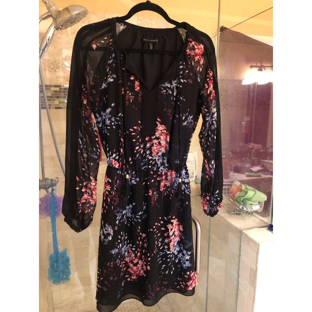 White House Black Market Floral Sheer Tassel Tie Dress XS Black Pink Blue